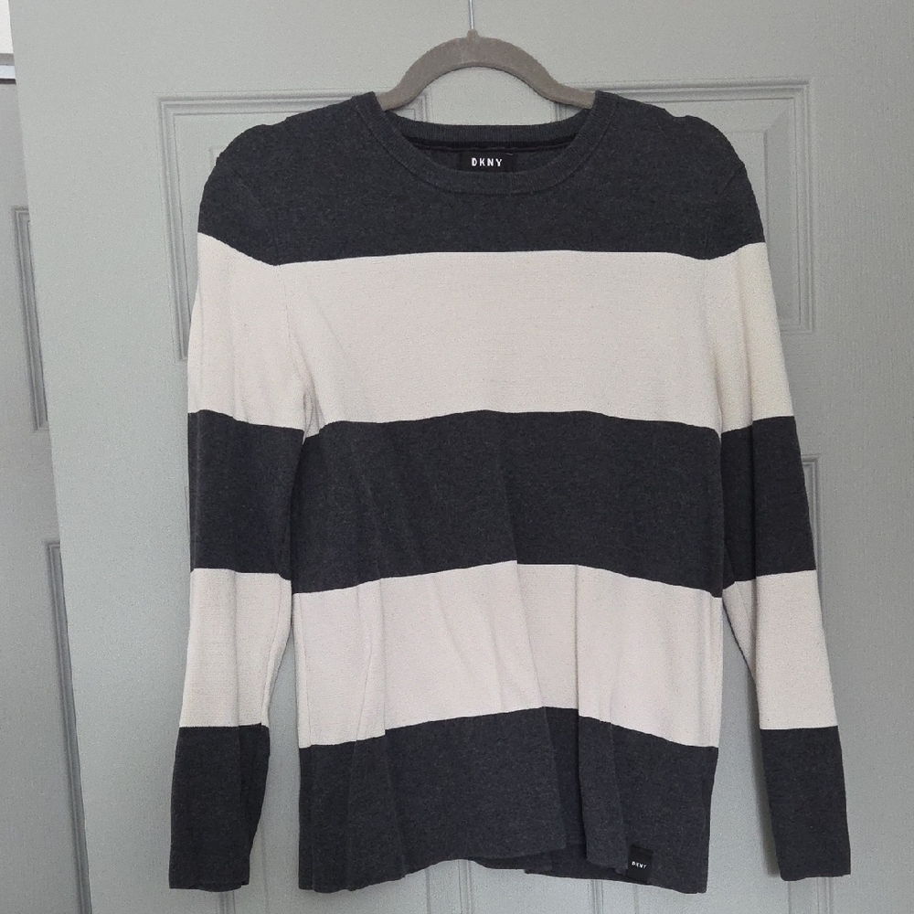 DKNY Men's Sweater in Black and Cream Stripes